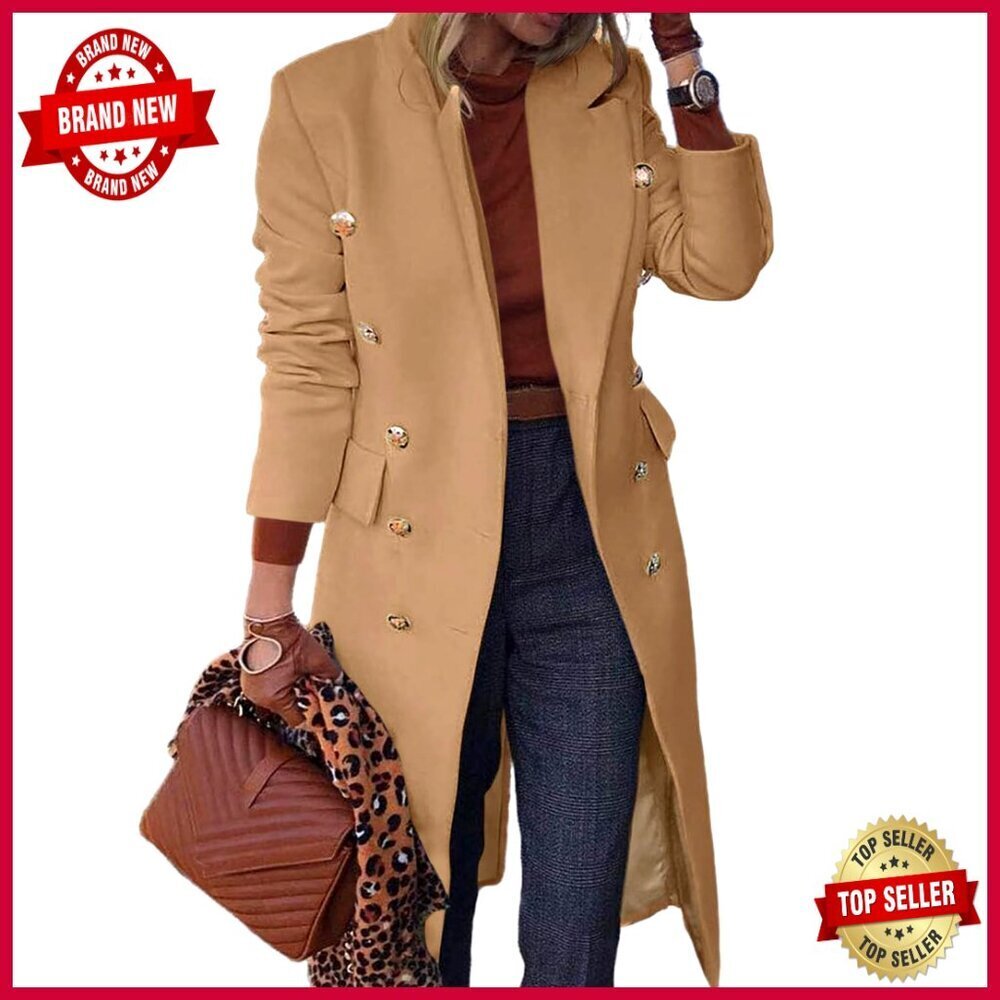 Long Wool Blend Trench Coat Double Breasted Below Knee Winter Warm